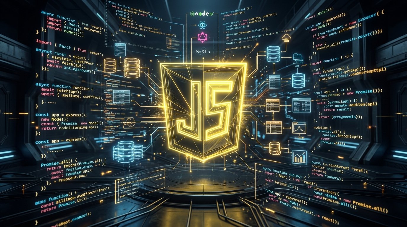 Yellow glowing JavaScript JS logo surrounded by digital code matrix